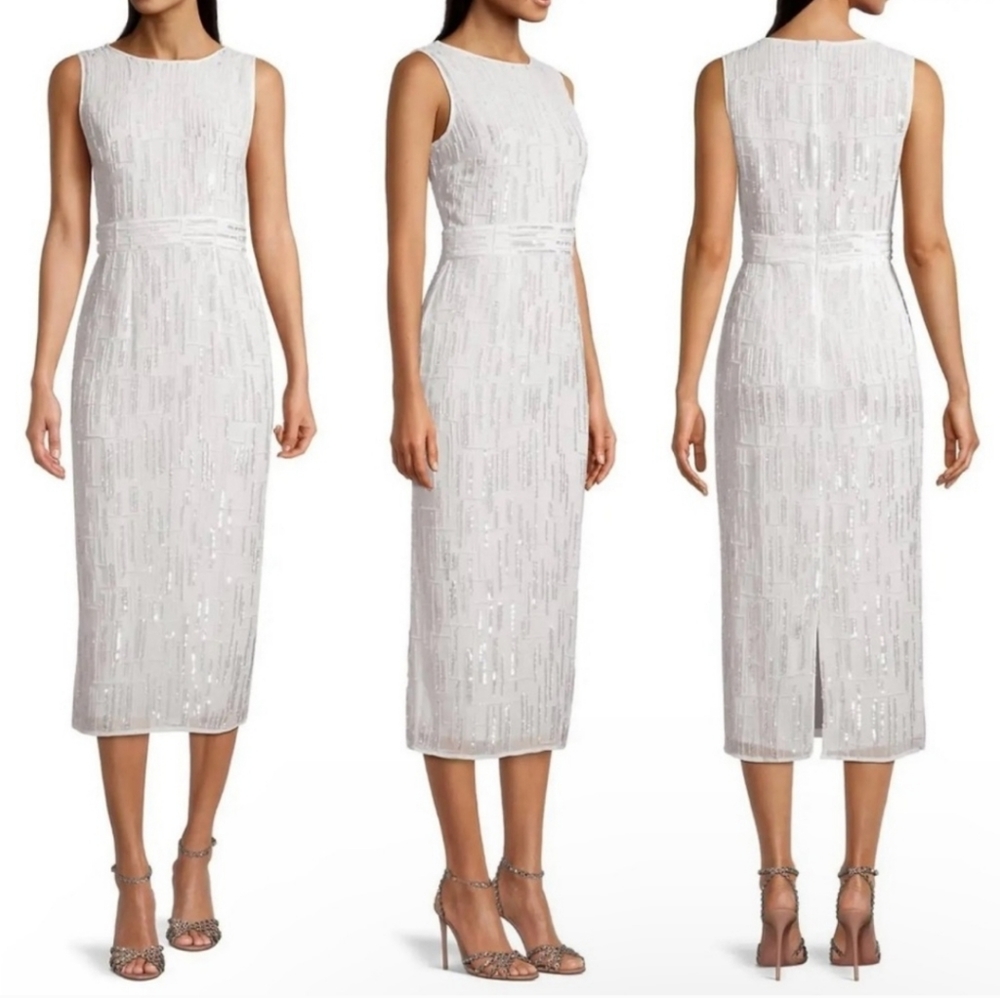 NWT Mac Duggal 93597 White Beaded Sleeveless Midi Sheath Dress -Size 8